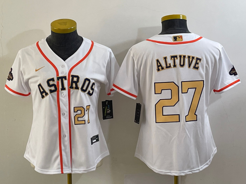 Women's Houston Astros #27 Jose Altuve White 2023 Gold Collection With World Serise Champions Patch Stitched Jersey(Run Small) Women's Houston Astros #27 Jose Altuve White 2023 Gold Collection With World Serise Champions Patch Stitched Jersey(Run Small)